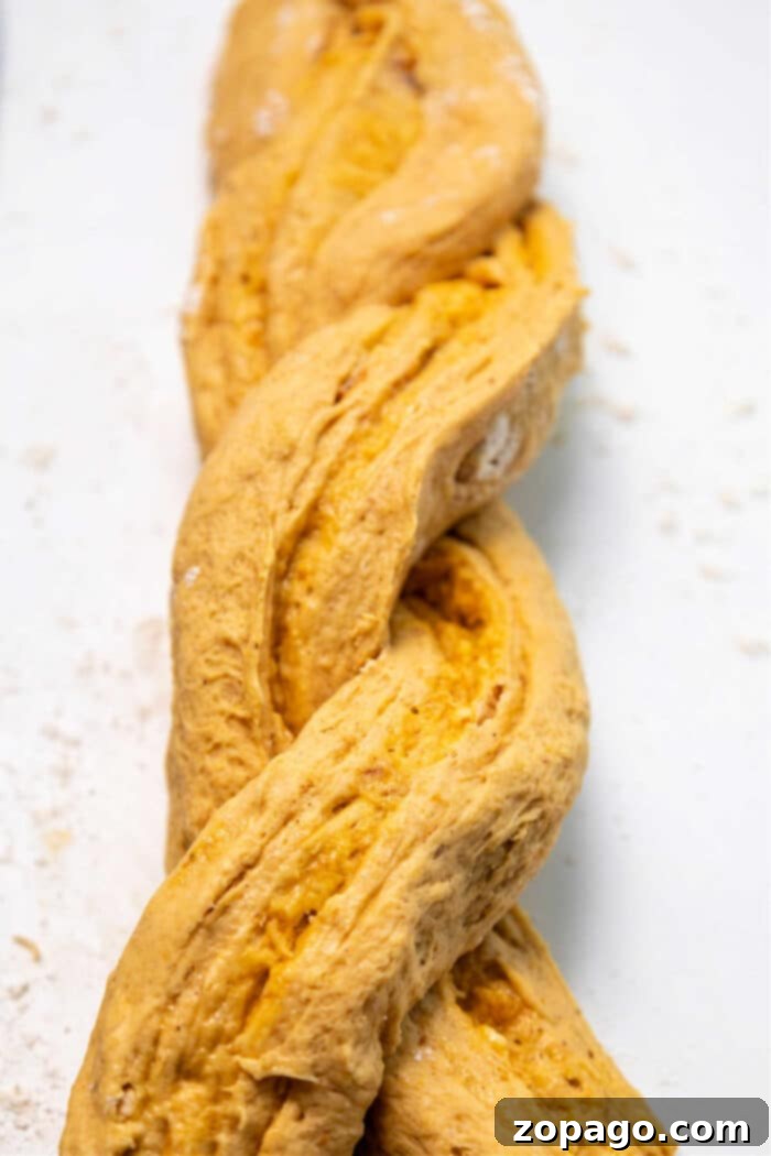 Easy One-Bowl Braided Pumpkin Yeast Loaf 5 Pumpkin Bread with Self-Rising Flour, showing the braided dough before baking