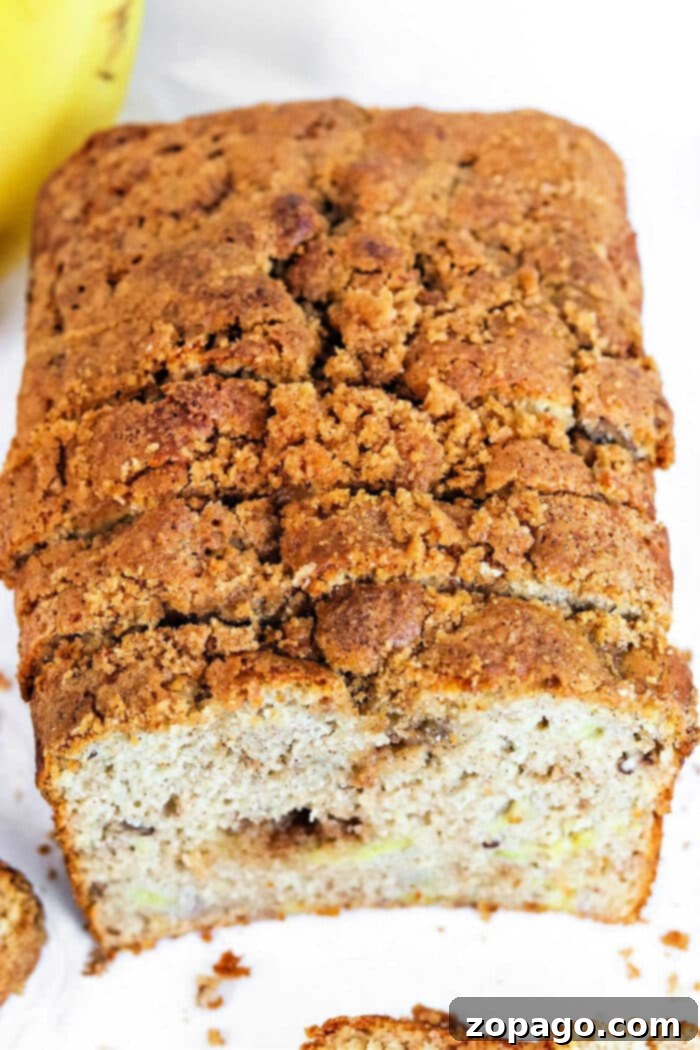 Moist No Butter Banana Bread 2 Deliciously moist banana bread loaf made without butter or oil, featuring a golden-brown crust and a sprinkle of crumb topping.