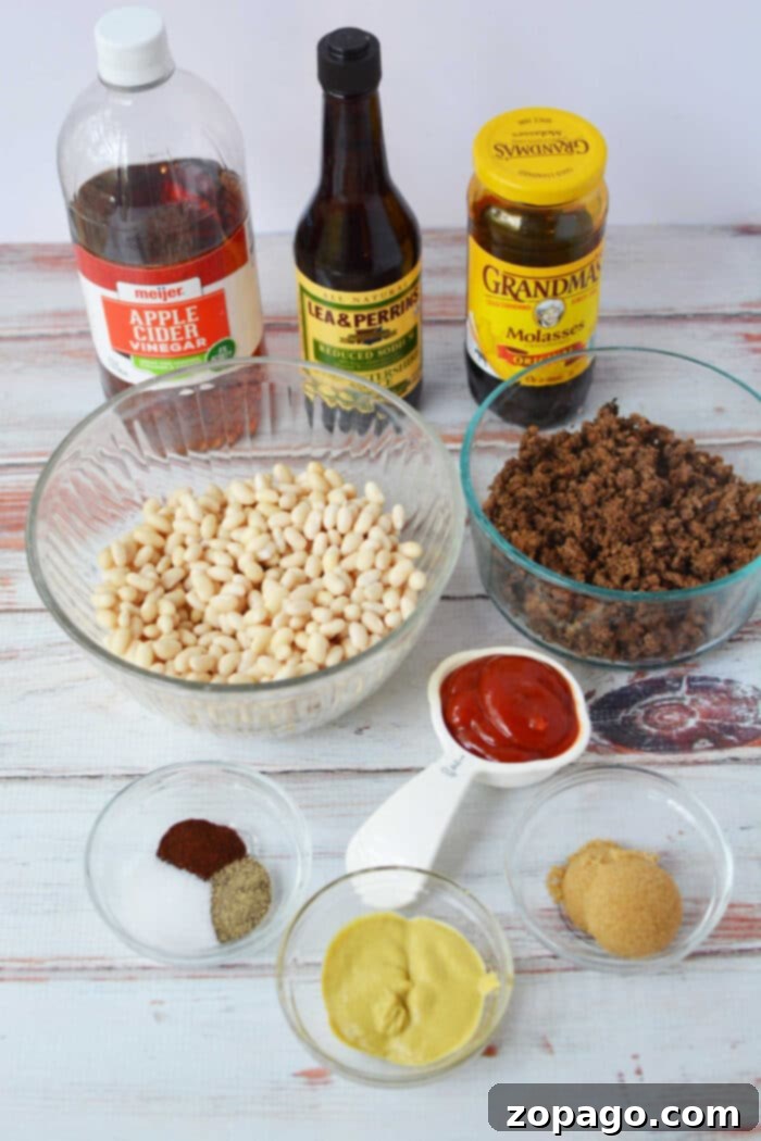 Cowboy Beef and Bean Casserole 3 Hearty ground beef baked beans bubbling in a pan, showcasing a rich, thick sauce, perfect for a family meal or a robust side dish.