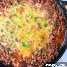Savory Bean Medley 6 A cast iron skillet filled with baked bean casserole topped with a layer of melted cheese and garnished with chopped parsley. The dish is placed on a light wooden surface.
