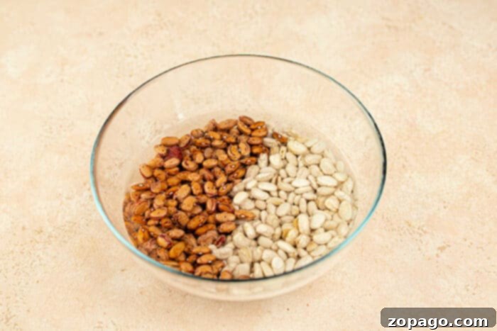 Unlock the Flavor of Tepary Beans 3 A glass bowl features uncooked tepary beans on the right, alongside white beans, all resting on a light surface.