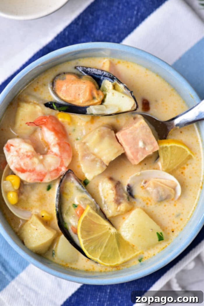 Zesty Mussel Stew 2 Rich and creamy mussel soup with shrimp and salmon, served in a bowl, ready for a delicious dinner.