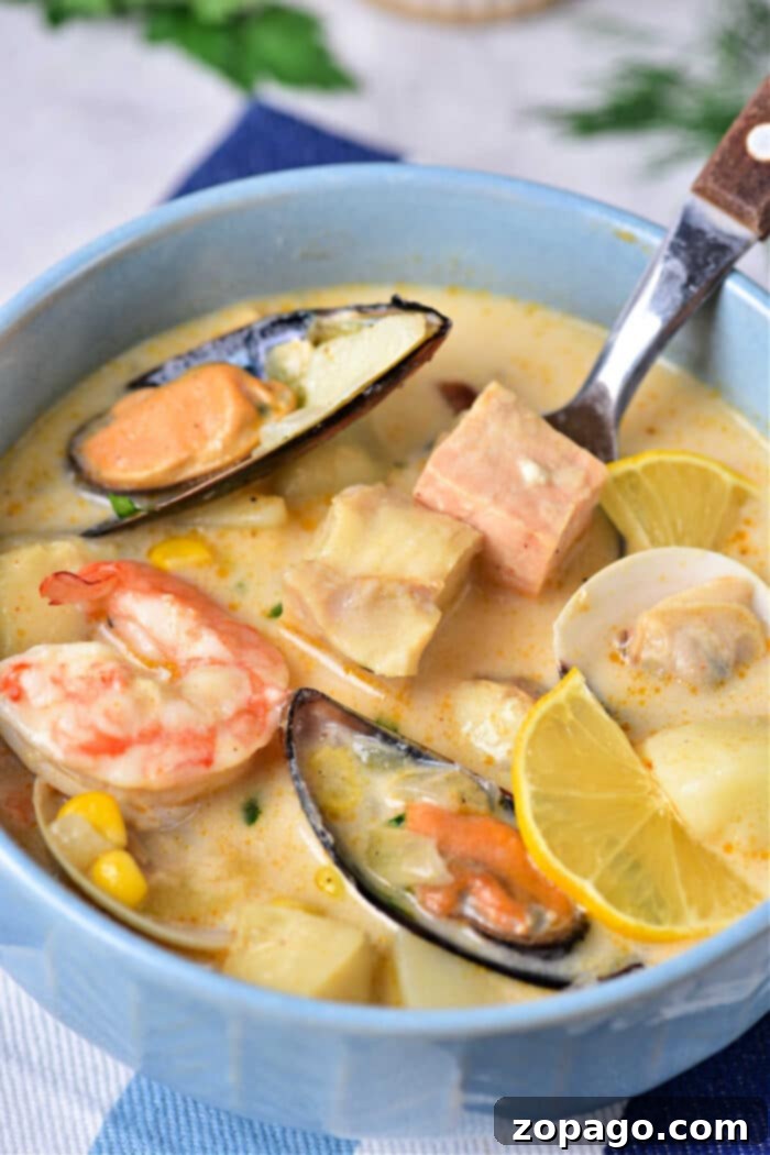 Zesty Mussel Stew 4 Hearty seafood chowder with mussels, shrimp, and fish, garnished with fresh herbs, served in a white bowl.