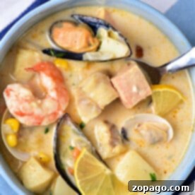 Mussel Soup: A delightful seafood chowder with shrimp, mussels, potatoes, corn, and lemon slices in a blue bowl on a striped cloth.