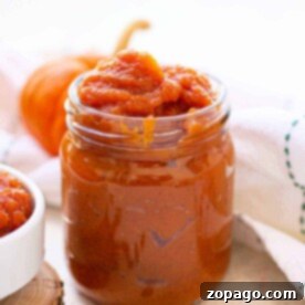 Pectin-Free Homemade Pumpkin Jam 7 A jar of rich pumpkin butter, akin to a luscious pumpkin jam, sits in a rustic setting with a dollop spread invitingly nearby.