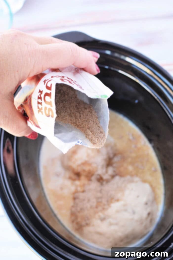 Effortless Crockpot Salisbury Steak 3 Close-up of Crockpot Salisbury Steak with Cream of Mushroom Soup, showcasing the rich, creamy gravy and tender patties.