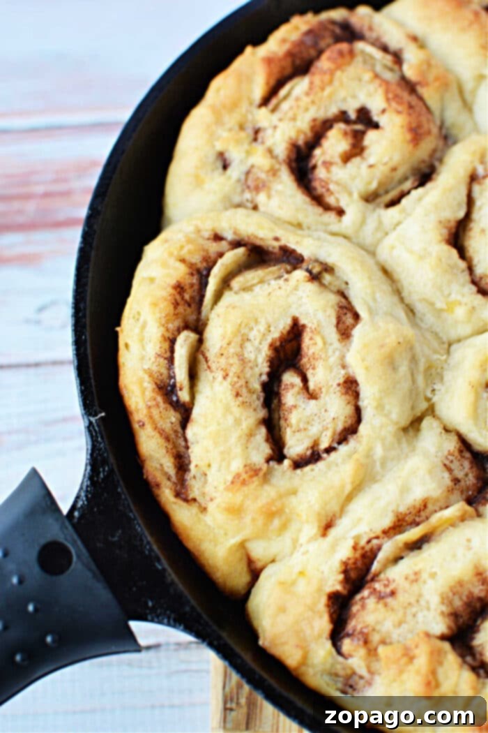 Cinnamon Swirled Banana Bread Buns 9 Freshly baked Cast Iron Skillet Cinnamon Rolls, golden brown and glistening with melted butter.