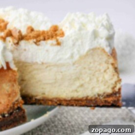 A slice of creamy Philadelphia Cream Cheese Cheesecake on a spatula, boasting a crumb crust and a fluffy whipped topping.
