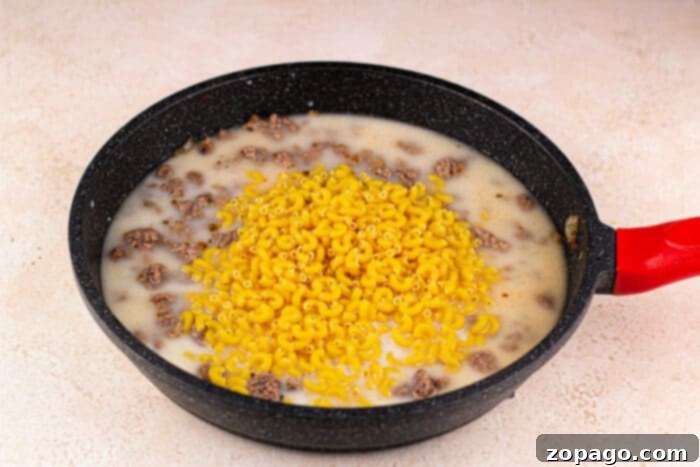 Cheeseburger Mac 4 Close-up of Mac and Cheese with Hamburger in a skillet.