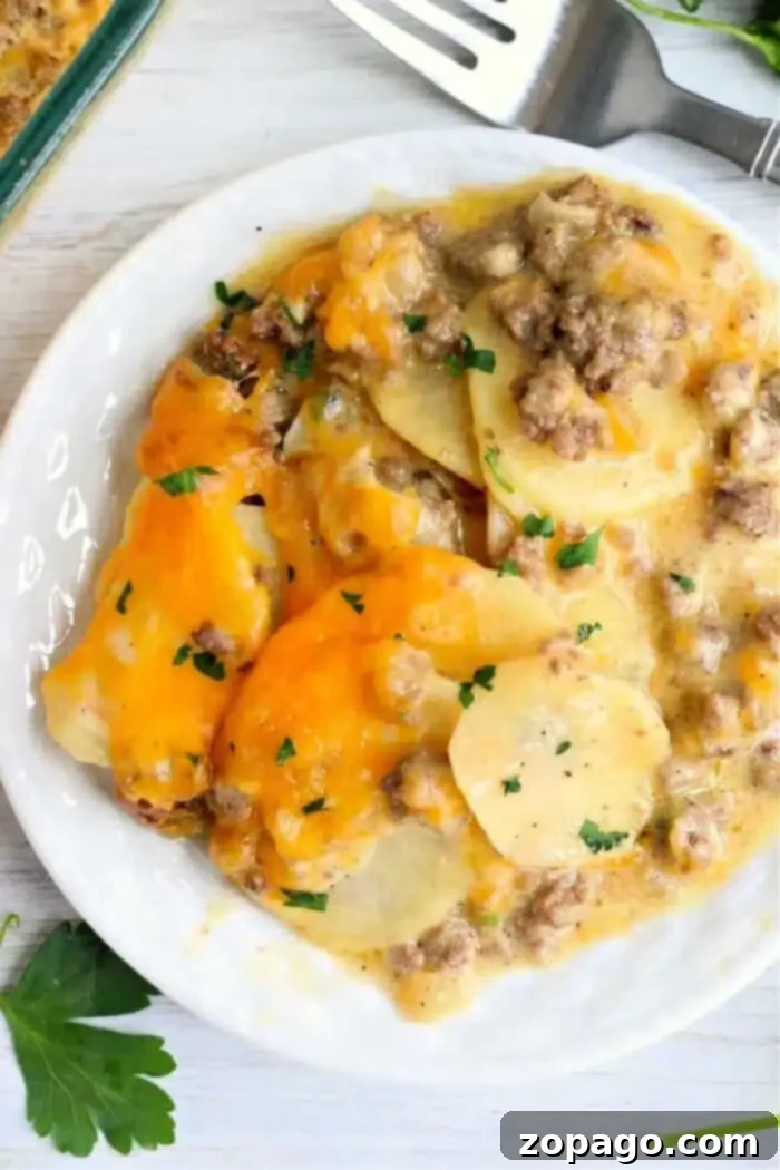 Hamburger Casserole 2 A plate of cheesy scalloped potatoes with ground beef, reminiscent of a classic Hamburger HotDish, garnished with chopped parsley.