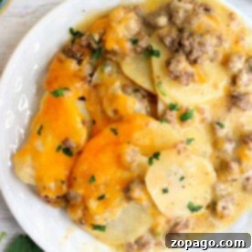 A plate of cheesy scalloped potatoes with ground beef, resembling a delightful Hamburger HotDish, topped with a parsley garnish.