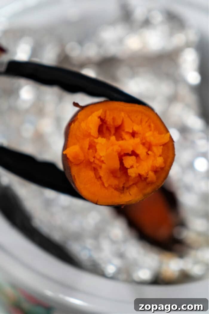 Easy Crockpot Whole Sweet Potatoes 7 A cooked sweet potato held by tongs, with vibrant orange flesh visible against a blurred kitchen backdrop, showcases the delightful simplicity of crockpot sweet potatoes.