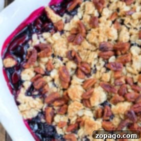 Huckleberry cobbler topped with oat crumble and pecans in a white baking dish.