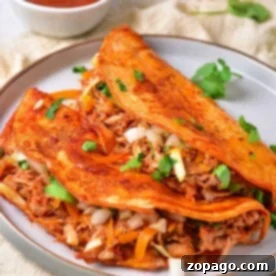 Two folded chicken birria tacos filled with shredded meat and veggies, garnished with cilantro, served on a plate with sauce.