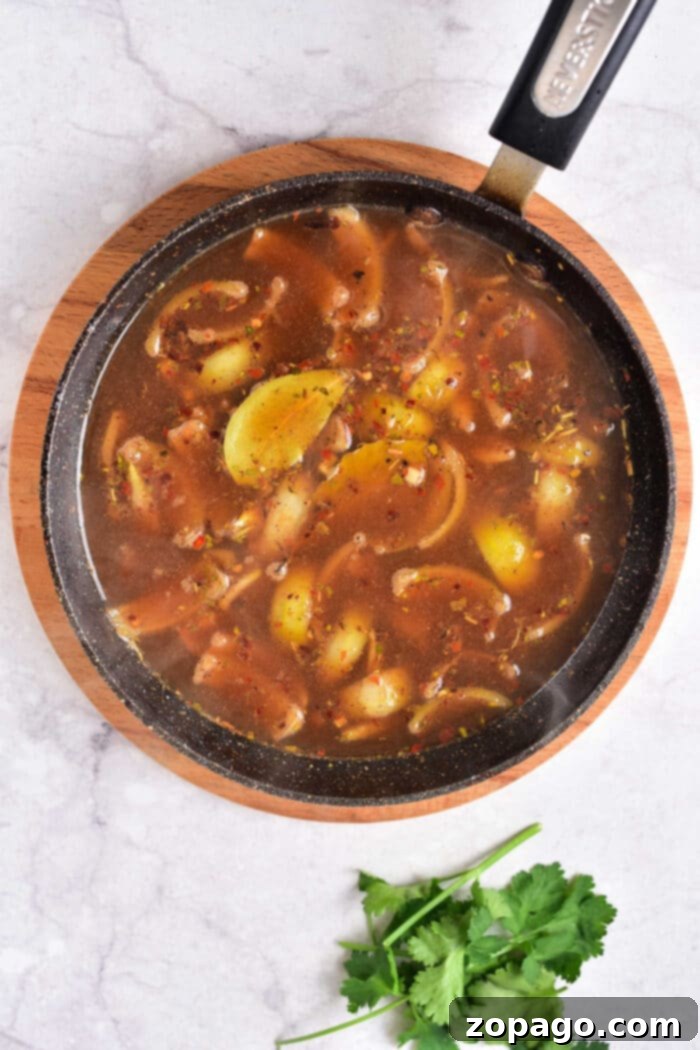 Authentic Birria Creations 4 A skillet showcasing rich gravy and lemon slices sits invitingly on a wooden board, with fresh cilantro nearby on the marble surface, capturing the essence of a birria-inspired feast.
