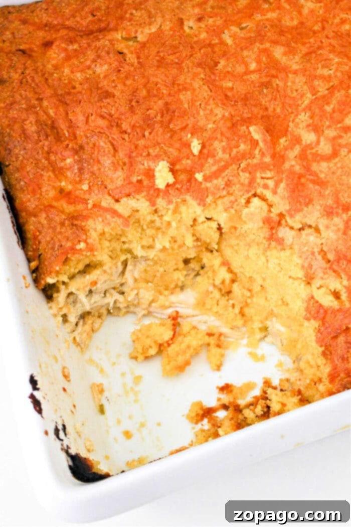 Skillet Chicken Cornbread Bake 6 A whole Jiffy Cornbread Casserole, golden and bubbly from the oven.