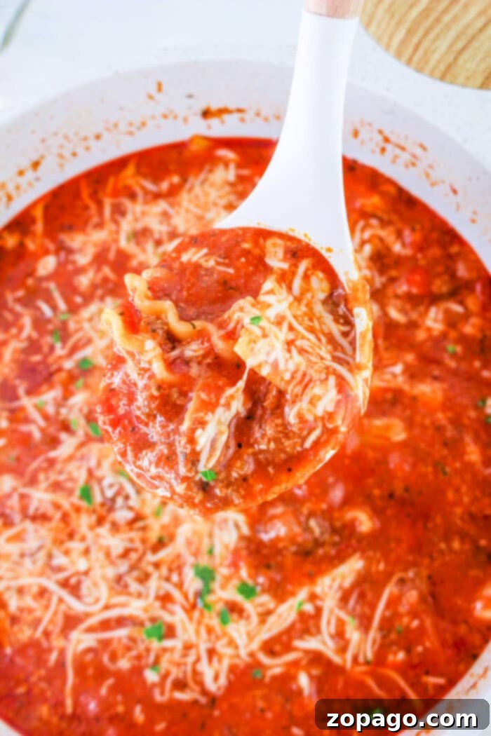 Easy One Pot Lasagna Soup 7 One Pot Lasagna Soup in a large, rustic bowl