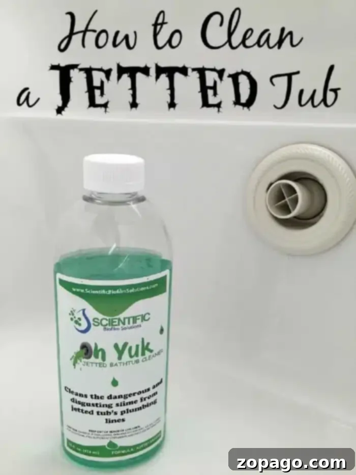 Oh Yuk Jetted Bathtub Cleaner: The best solution for deep cleaning jetted tubs A bottle of Oh Yuk Jetted Bathtub Cleaner sits inside a bathtub. The label declares it cleans the dangerous and disgusting slime from jetted tubs' plumbing lines. Above the tub, the text reads,