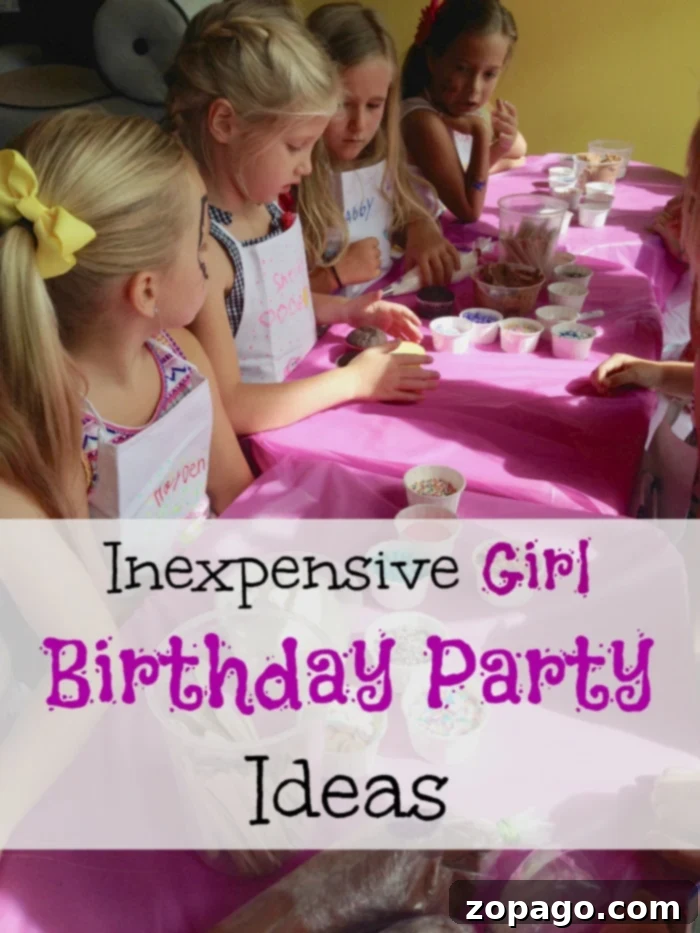 cheap girl birthday party ideas - children decorating cupcakes at a vibrant party