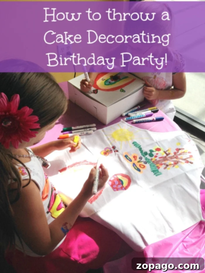 Here are some cheap girl Birthday Party ideas that your kids will love but won't break the bank. Cake decorating parties are fun with many activities for kids that bring out their creativity and leave them with dessert to take home in the end. See how we threw this cupcake party and how much fun they had. #girl #birthdayparty #cake #cupcake #cheap Children sitting at a table decorated with a bright pink tablecloth, using markers to draw and color on T-shirts. Above the image, a purple banner with white text reads "Cheap Girl Birthday Party Ideas: How to throw a Cake Decorating Birthday Party!" The setting is well-lit by natural light.