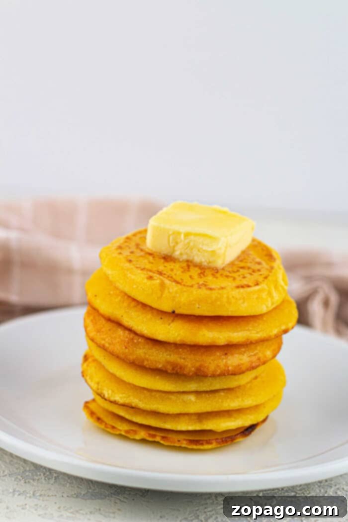Golden Skillet Cornbread 6 A stack of cornbread pancakes with a pat of butter on top, served on a white plate alongside golden slices of fried cornbread.