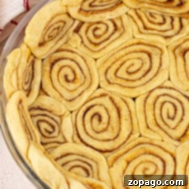 Unbaked cinnamon rolls, resembling a delicate pie crust, are arranged in a circular glass dish on a light surface.