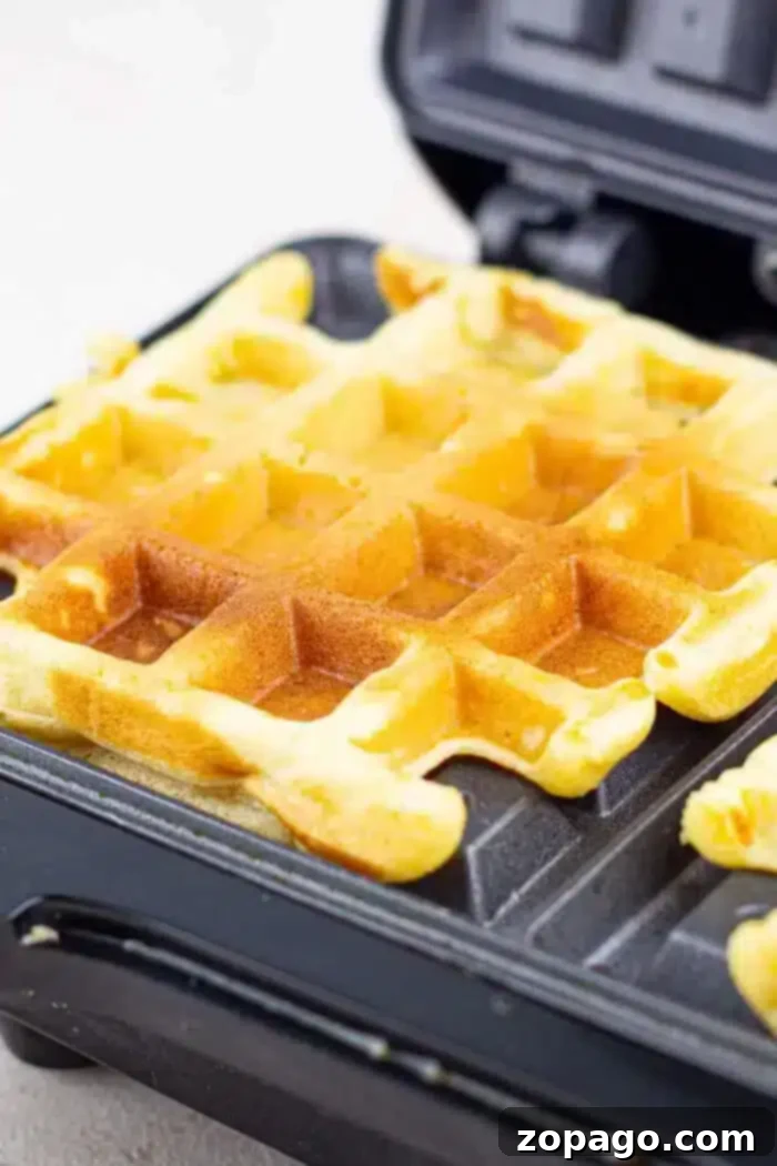 A golden cornmeal waffle is being cooked on a black waffle iron. The square-shaped treat boasts a crisp, browned texture, while the iron's grid pattern crafts a checkerboard design on its surface.