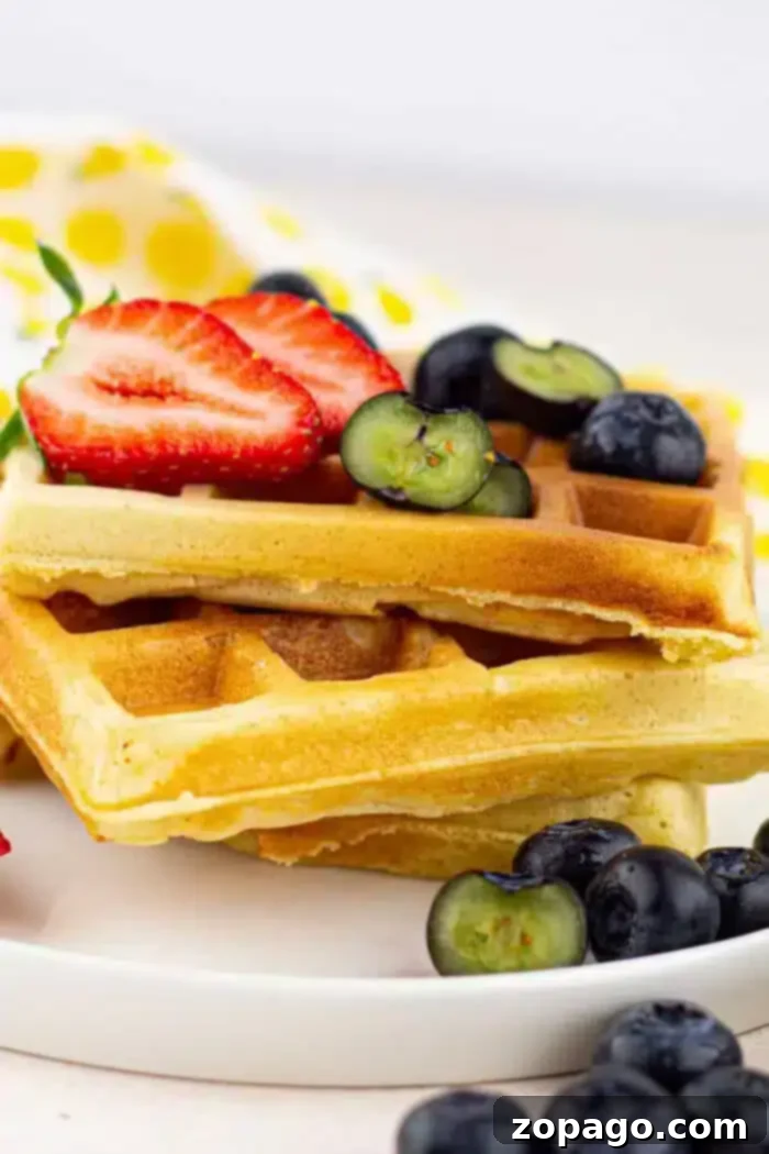 Crispy Cornmeal Waffles 8 A plate with two cornmeal waffles topped with sliced strawberries and blueberries. A yellow and white polka dot cloth is in the background.