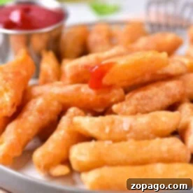 A plate of crispy beer batter fries with a drizzle of ketchup, served alongside a small container of extra ketchup.