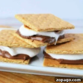 Three smores, perfectly roasted in the oven, with chocolate and marshmallow nestled between graham crackers on a white plate.