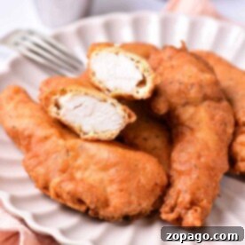A plate of beer battered chicken tenders sits invitingly on a cloth napkin, with one sliced open to reveal its juicy interior. Accompanied by a tempting dipping sauce in the background, these crispy delights promise a mouthwatering experience.