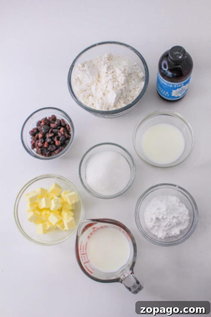 Simple Bisquick Scones 3 Baking ingredients including Bisquick, flour, sugar, butter, milk, dried berries, and vanilla extract arranged on a rustic wooden table, ready for making delicious homemade scones.