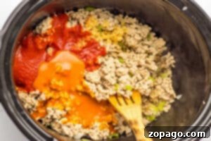 Hearty Chicken Sloppy Sandwiches 8 Ground chicken, tomato sauce, and spices in a pot with a wooden spoon, ready to be mixed and cooked for delicious Ground Chicken Sloppy Joes.