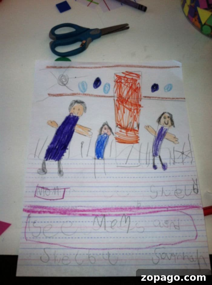 Encouraging Early Writing Through Drawing and Storytelling A child's drawing with a simple handwritten caption below, showcasing early writing skills.
