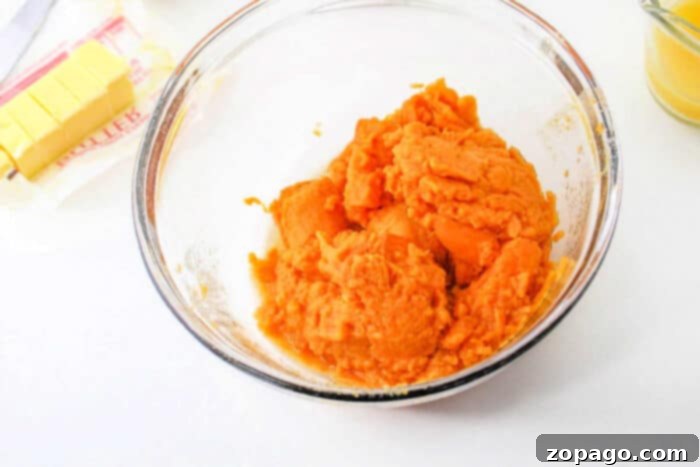 Classic Southern Sweet Potato Pie 4 A glistening glass bowl brimmed with velvety mashed sweet potatoes rests on a pristine white surface. Beside it, a package of partially unwrapped softened butter and a small, clear jar containing a golden liquid await, highlighting the core ingredients for a rich and creamy sweet potato pie.