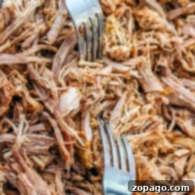 Close-up of shredded pulled pork made from leftover pork loin, with two silver forks on top.