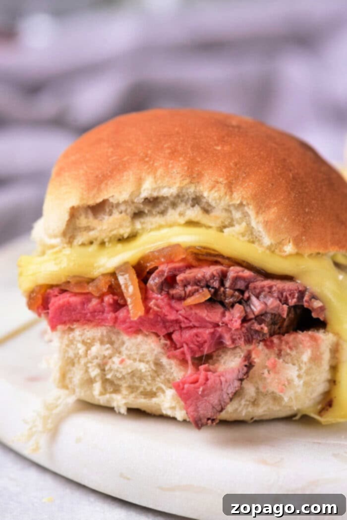 Delicious Ways to Reimagine Leftover Tri-Tip 6 Close-up of a sandwich crafted from leftover tri-tip, complemented by melted cheese and grilled onions nestled in a fresh bun.