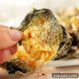 A hand holding a crispy, seasoned Fish Skin snack with more pieces blurred in the background.