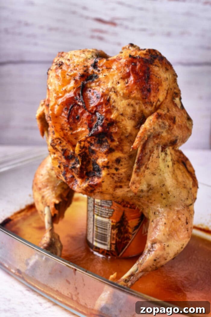 beer can chicken in oven, golden brown and perfectly roasted