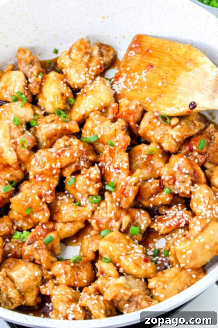 Sticky Honey Garlic Chicken Bites 5 Plated Chicken Bites No Breading garnished with sesame seeds and green onions