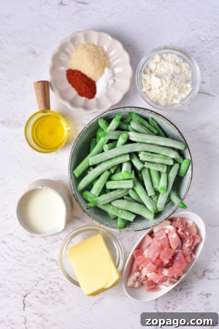 Ingredients for crack green beans: bacon, butter, milk, flour, spices, oil, and brown sugar displayed in bowls.