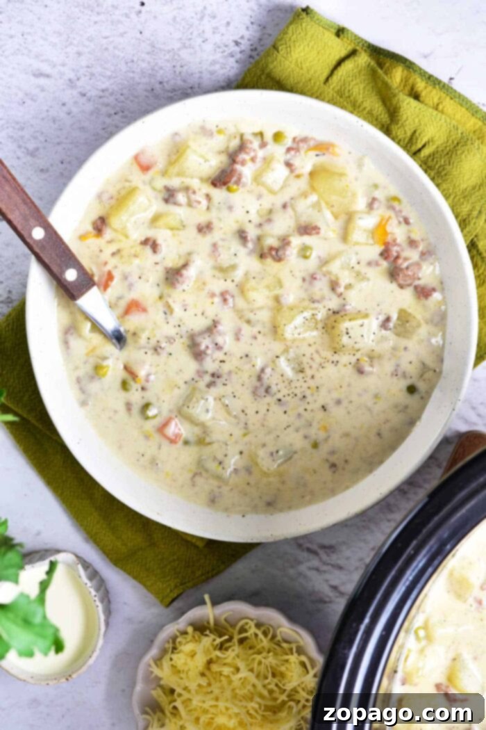 Slow Cooker Creamy Ground Beef and Potato Soup 7 A serving of Crockpot Creamy Potato and Hamburger Soup, garnished and ready to enjoy.