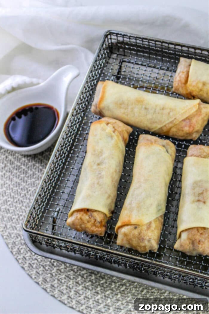 Crispy Air Fryer Spring Rolls 6 Air-fried spring rolls stacked on a plate with dipping sauce