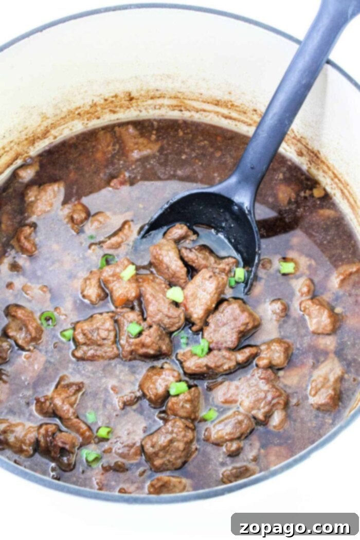 Fall-Apart Beef Delights 5 A serving of braised beef tips with gravy, garnished with fresh herbs, ready to be enjoyed.