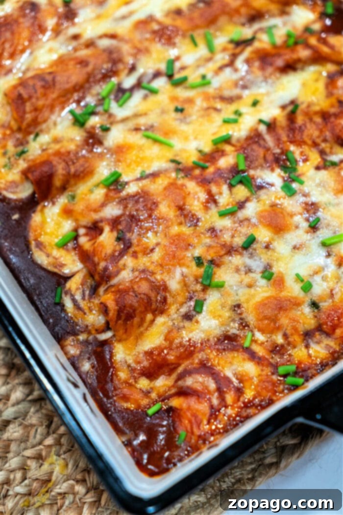 Easy Rotisserie Chicken Enchiladas 6 Close-up of a serving of rotisserie chicken enchiladas, topped with sour cream and cilantro.