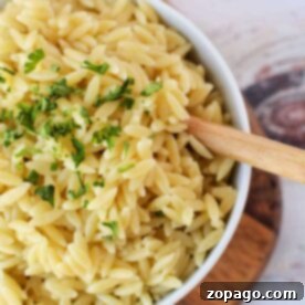 A bowl of perfectly cooked orzo pasta garnished with fresh parsley rests on a wooden board, accompanied by a rustic wooden spoon. Curious about crafting this dish? Discover how to cook orzo effortlessly to enjoy at home.