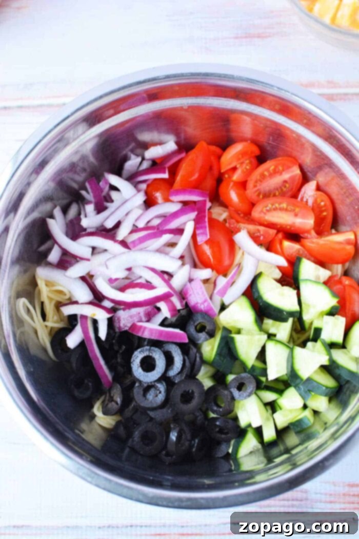 Another view of the Pasta Salad Without Mayo, emphasizing its healthy and refreshing nature.