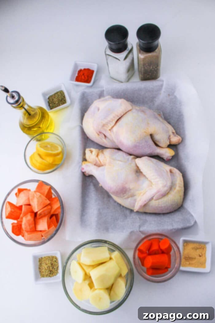 Perfectly Roasted Half Chicken Cooking Time at 400 Degrees 3 Half chicken roasting in the oven at 400 degrees Fahrenheit, surrounded by vegetables.