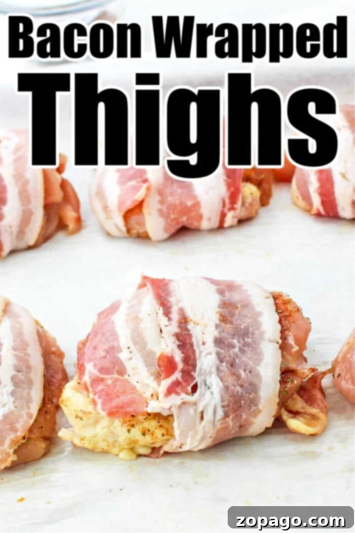 Crispy Bacon Wrapped Chicken Thighs 9 Bacon Wrapped Boneless Skinless Chicken Thighs on a serving platter, garnished with fresh herbs.