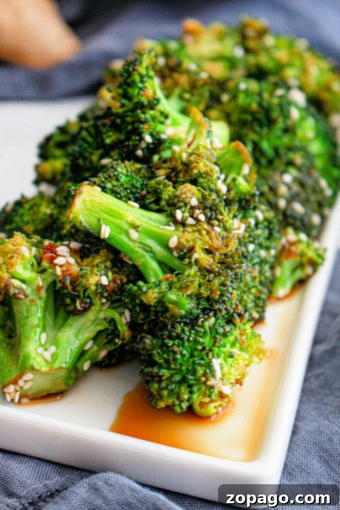 Chinese Broccoli 8 A close-up of Chinese broccoli, beautifully roasted and coated in a spicy Asian sauce.